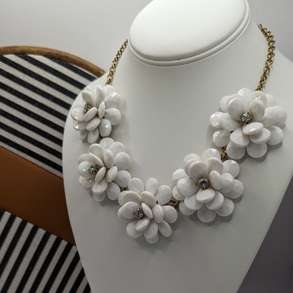 J. Crew Necklace white flowers with rhinestones,statement jewelry